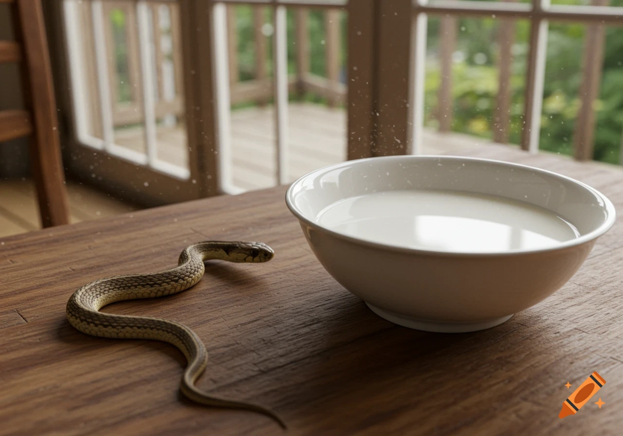 A snake next to a bowl of milk on a wooden table with a veranda in the background, photorealistic style.