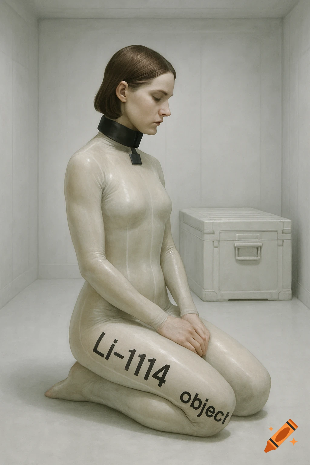 A figure in a translucent latex suit kneels in a stark room with a crate. Text 'Li-1114' and 'object' on legs.