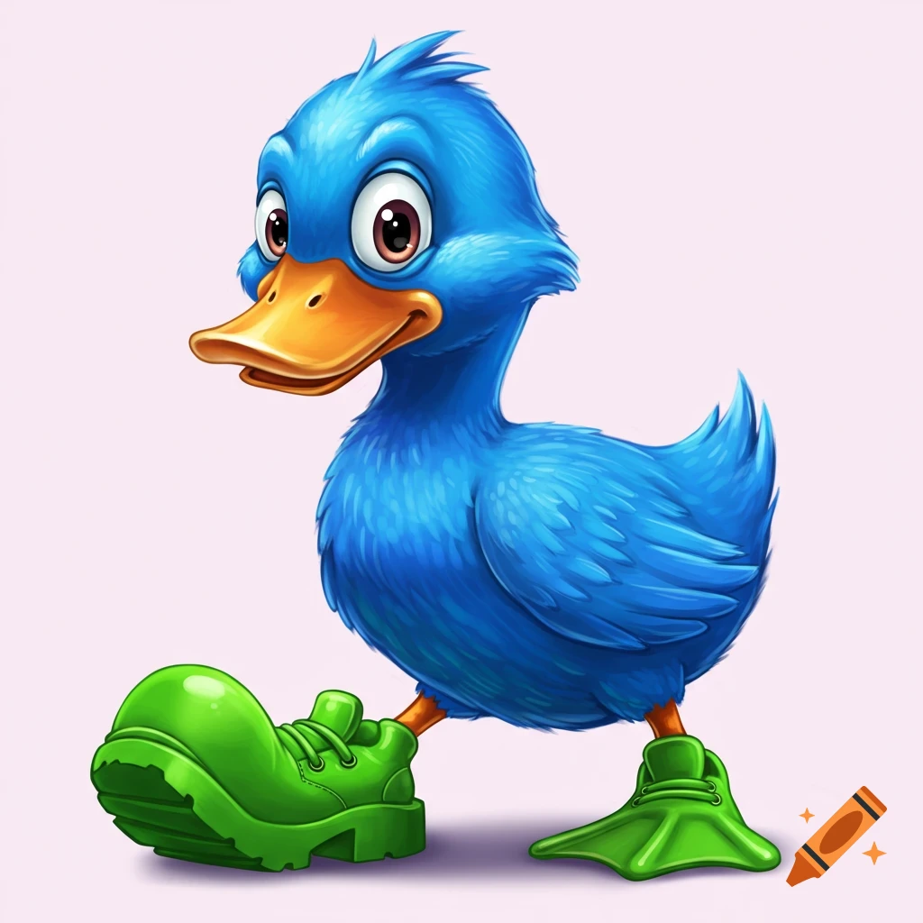 Cartoon blue duck wearing a green boot on one foot and green flippers on the other.