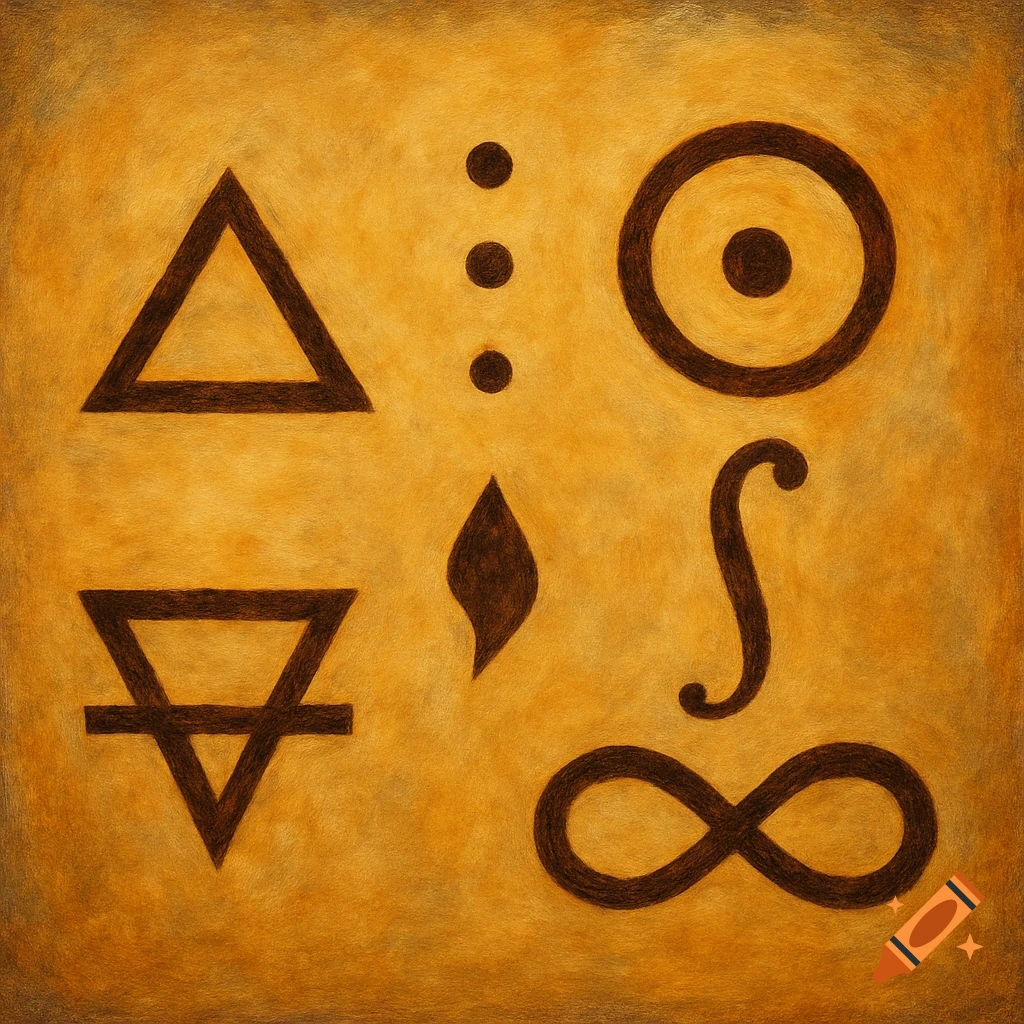 Alchemy and mathematical symbols on an aged, textured background.