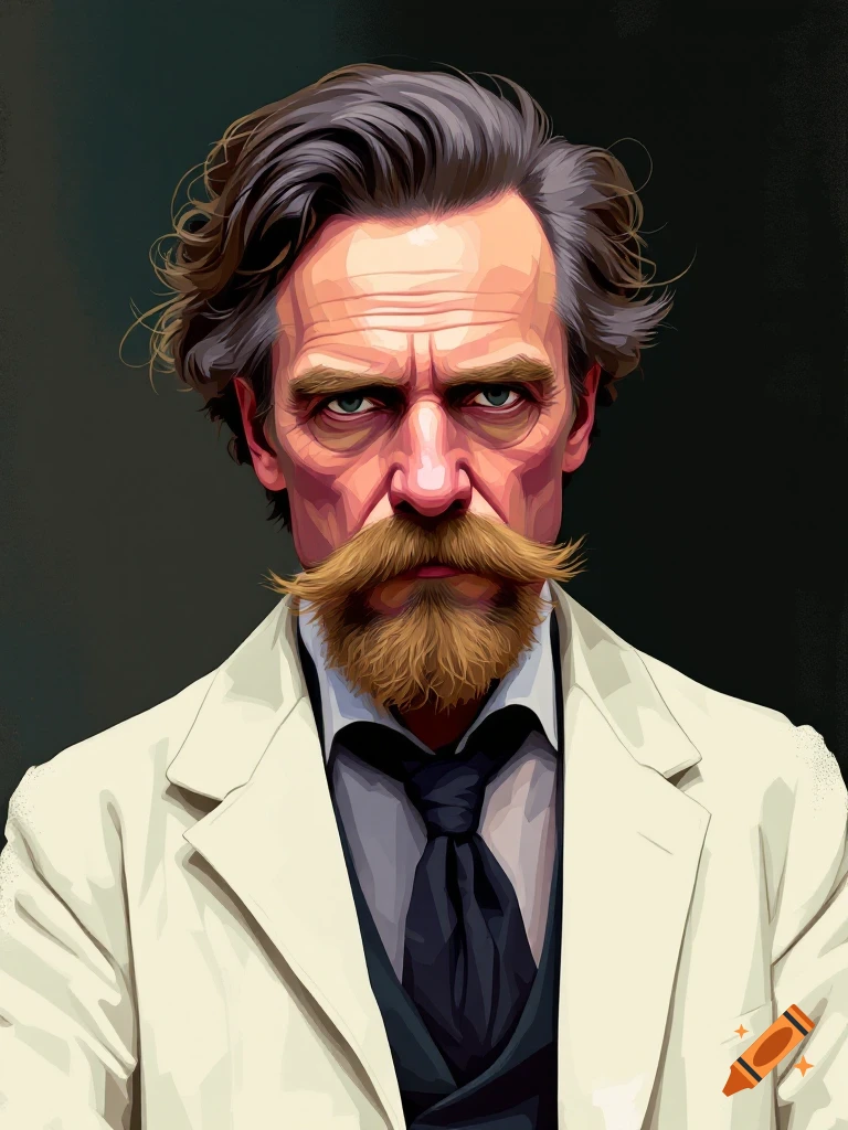 Stylized portrait of a man with a large mustache and beard wearing a suit jacket.