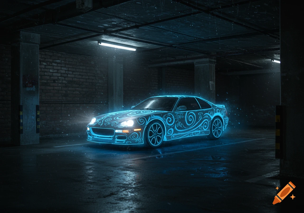 A glowing blue swirling car parked in a dark underground parking lot.