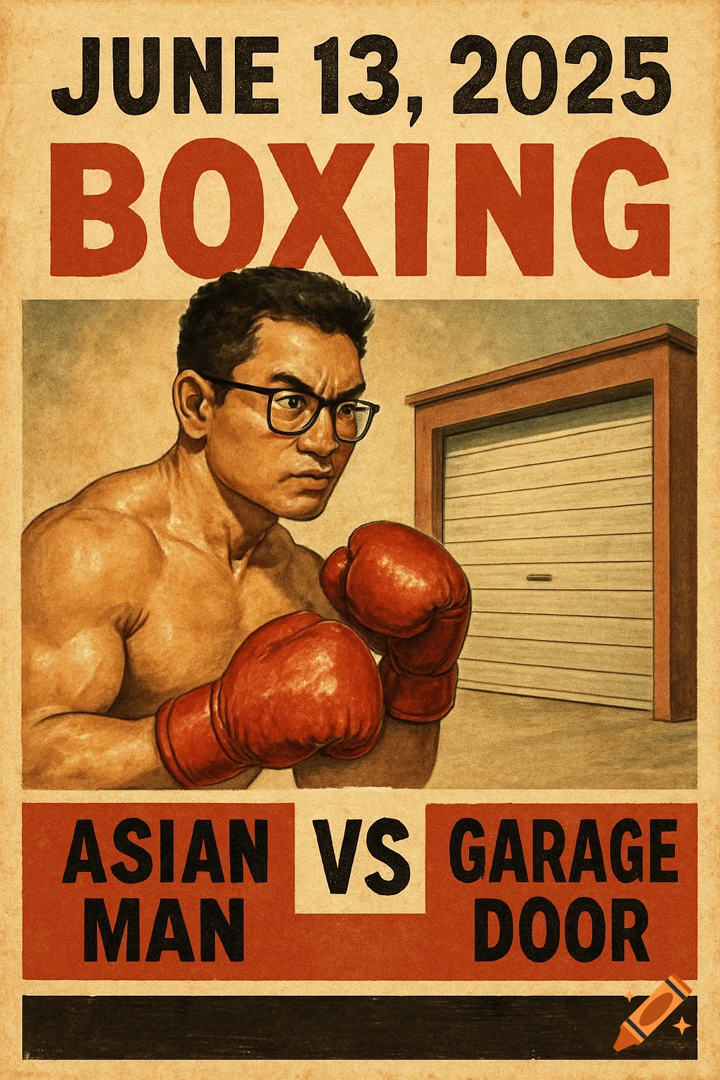 Vintage boxing poster for Asian Man vs Garage Door on June 13, 2025, featuring a man in boxing gloves and glasses.