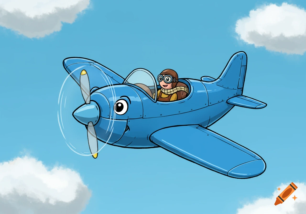Cartoon blue airplane with pilot flying in the sky.