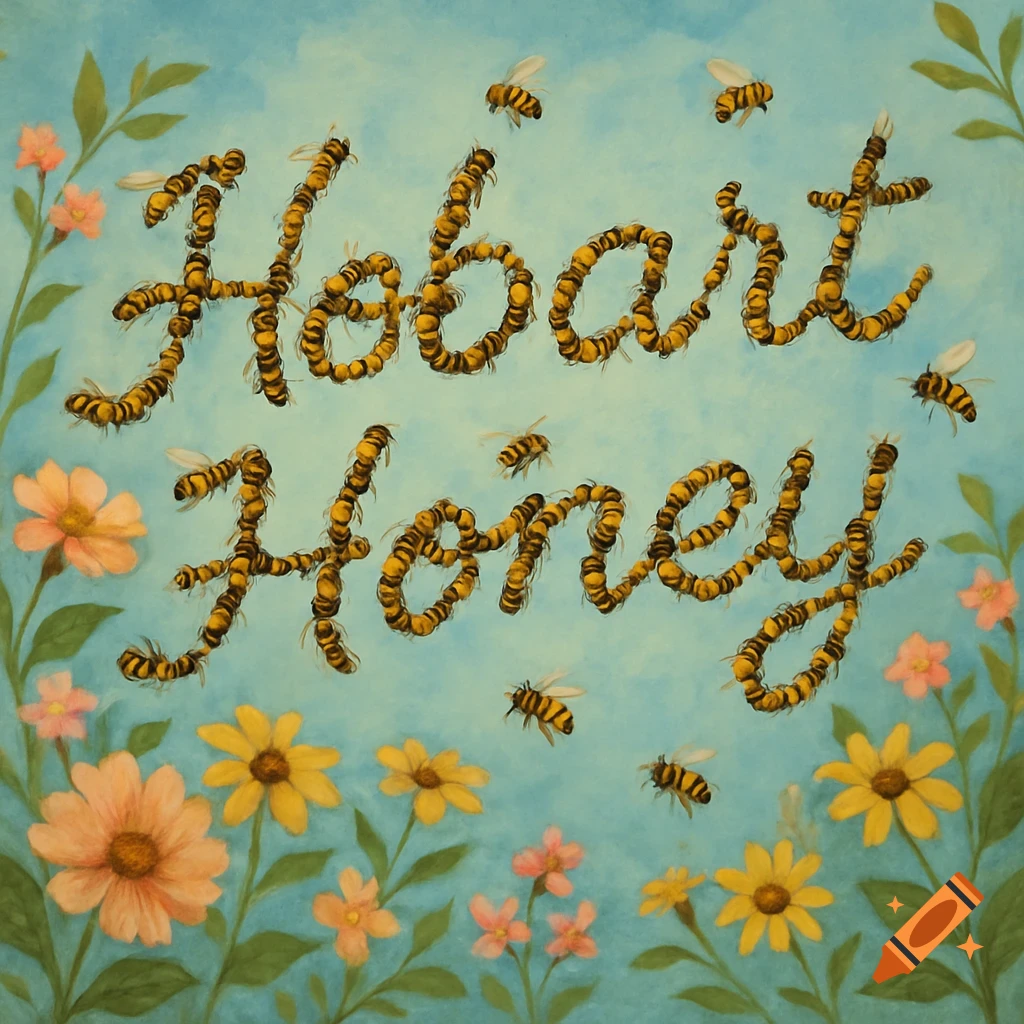 Painting of bees forming the words 'Hobart Honey' surrounded by flowers.