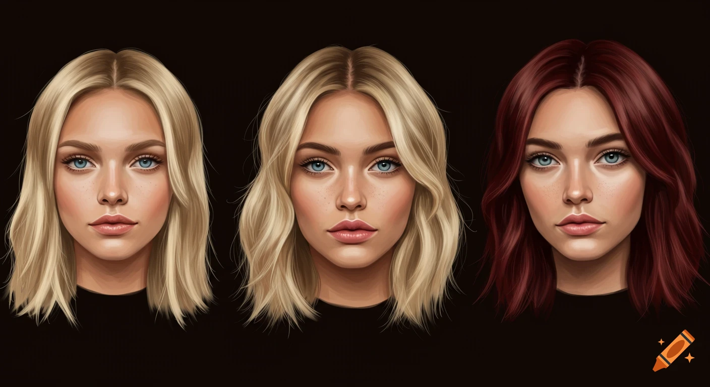 Three illustrated portraits of women with blonde and red hair on a dark background.