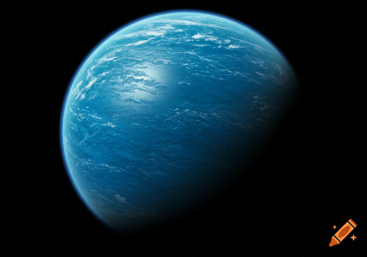 A blue water planet seen from space against a starry background.