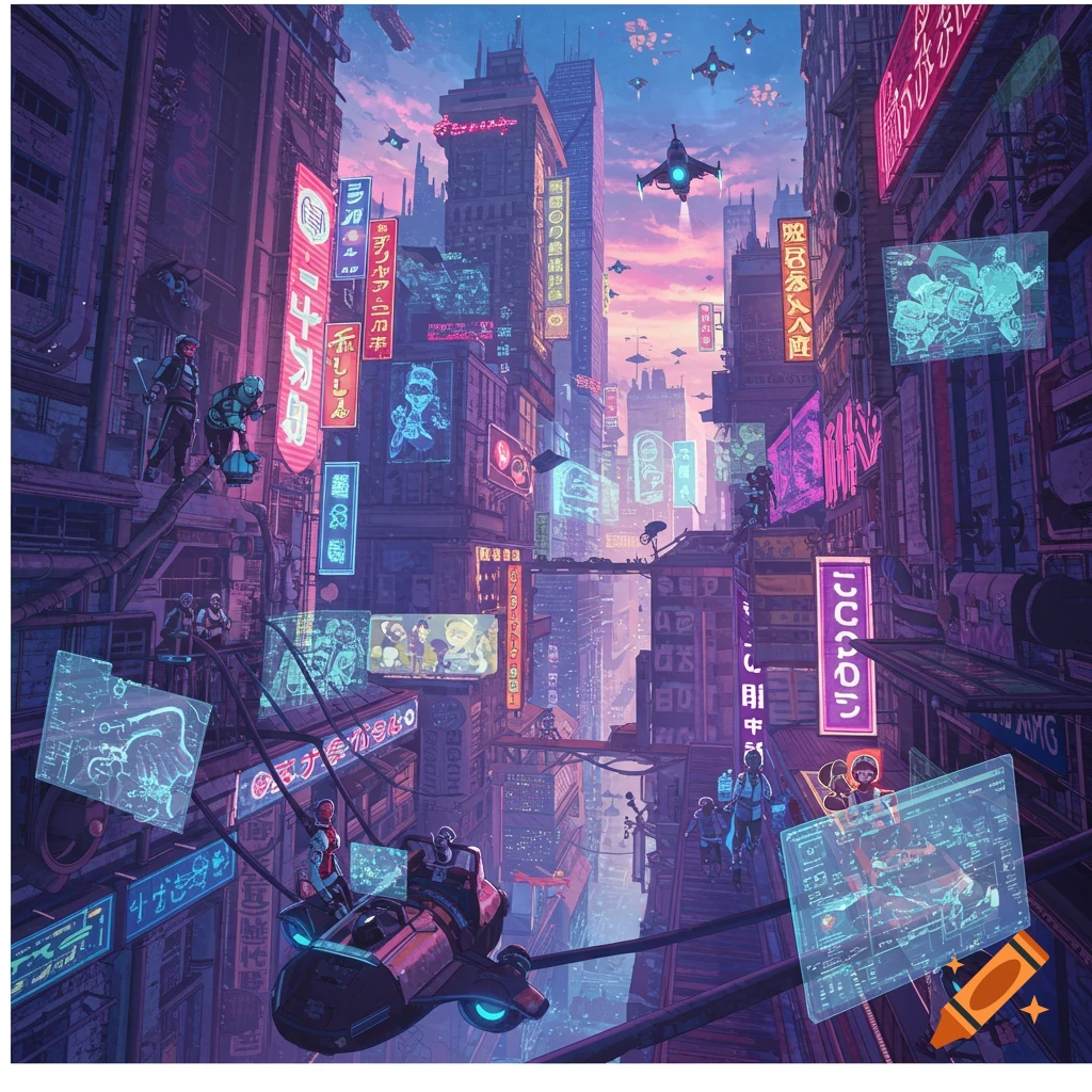 Cyberpunk city street at sunset with neon signs, flying vehicles, and characters in an anime style.