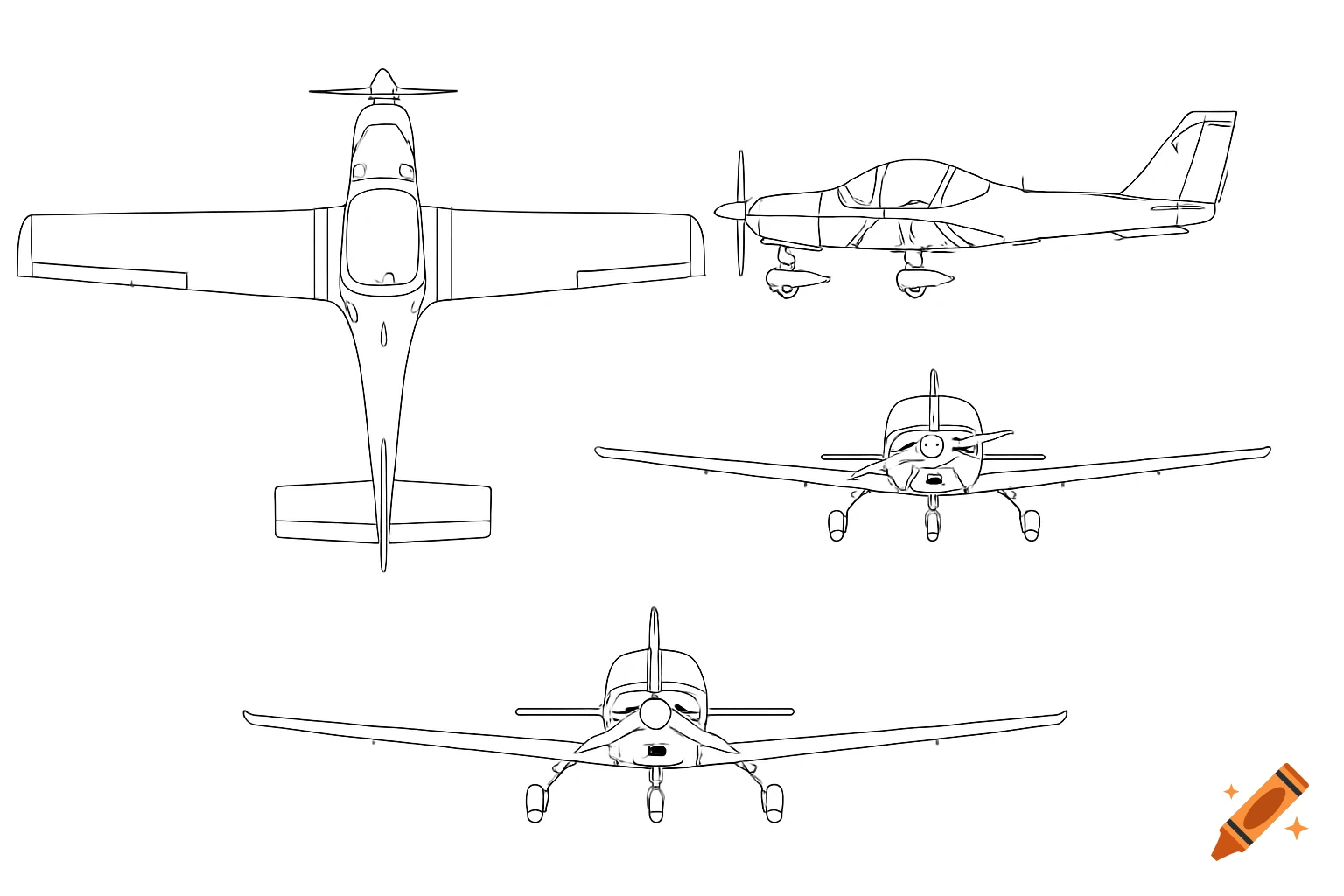 Technical drawing showing top, side, front, and back views of a small airplane.