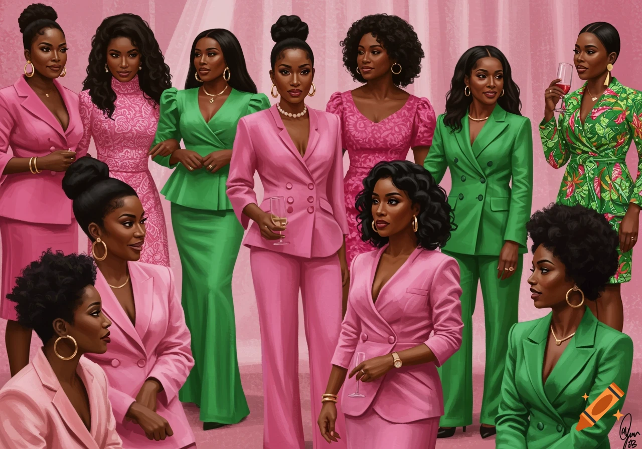 A group of black women dressed in pink and green business suits pose.