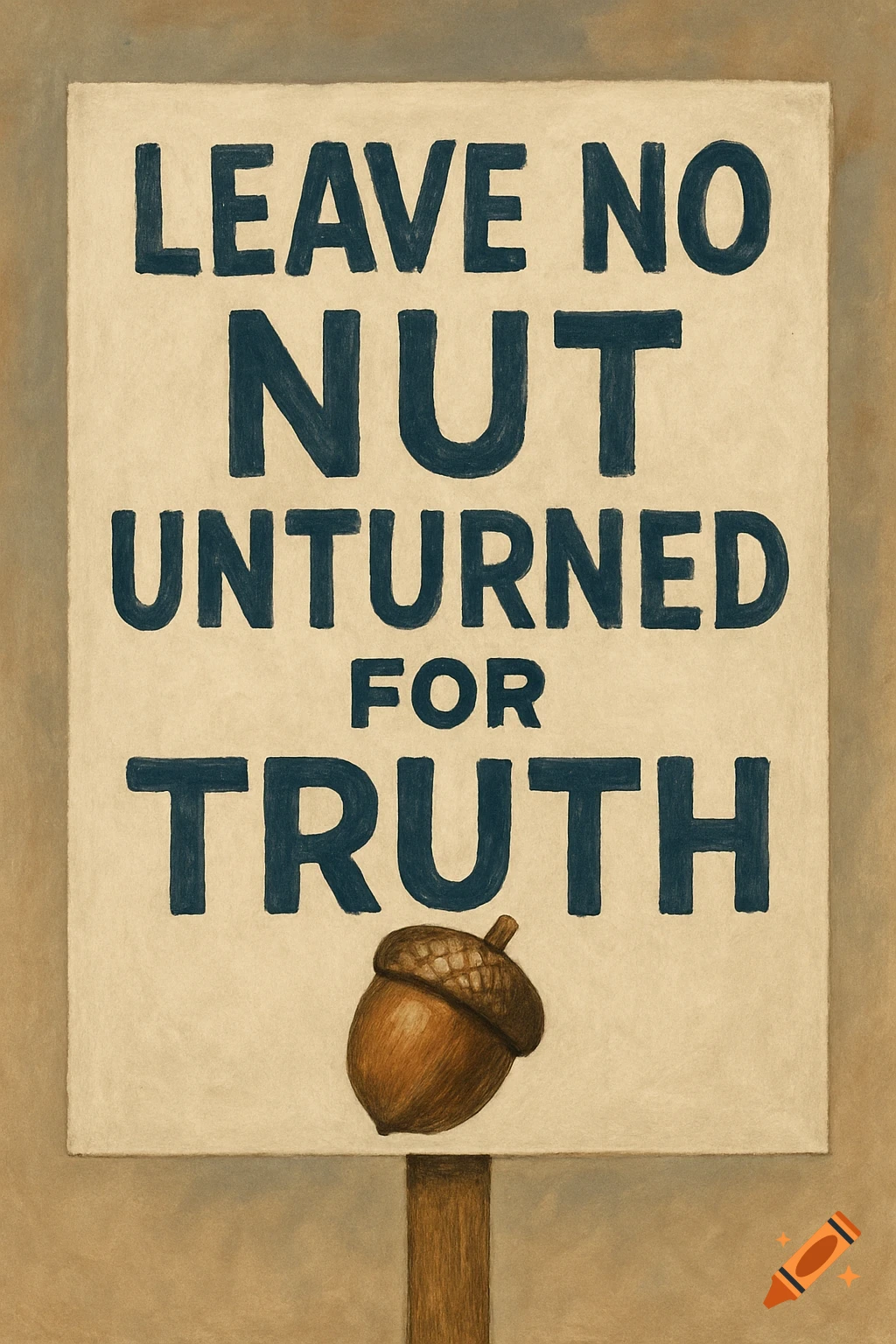 A protest sign on a pole reads 'LEAVE NO NUT UNTURNED FOR TRUTH' with an acorn below, in a textured, painted style.