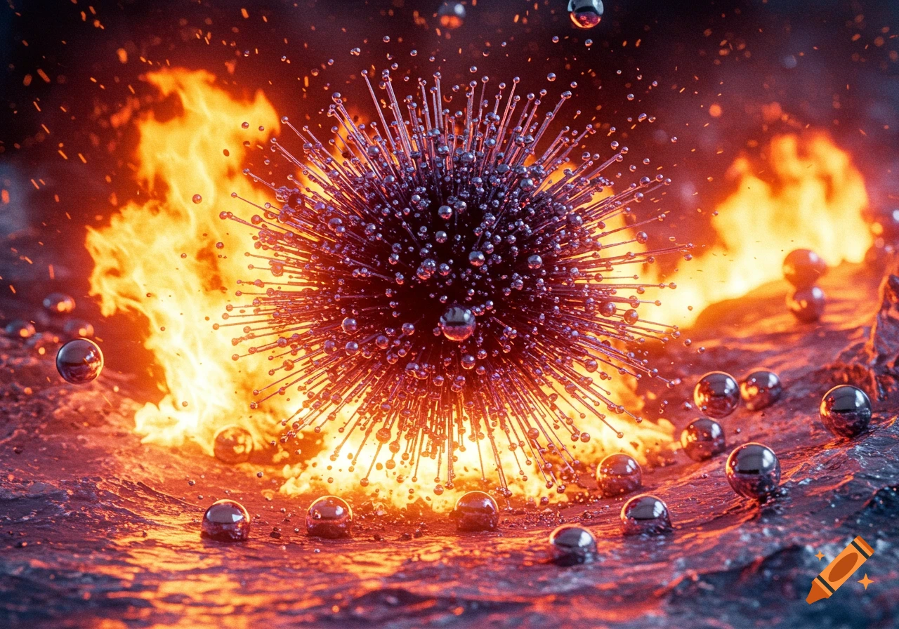 Abstract render of a dark, spiky sphere exploding in a fiery and icy landscape with chrome spheres.
