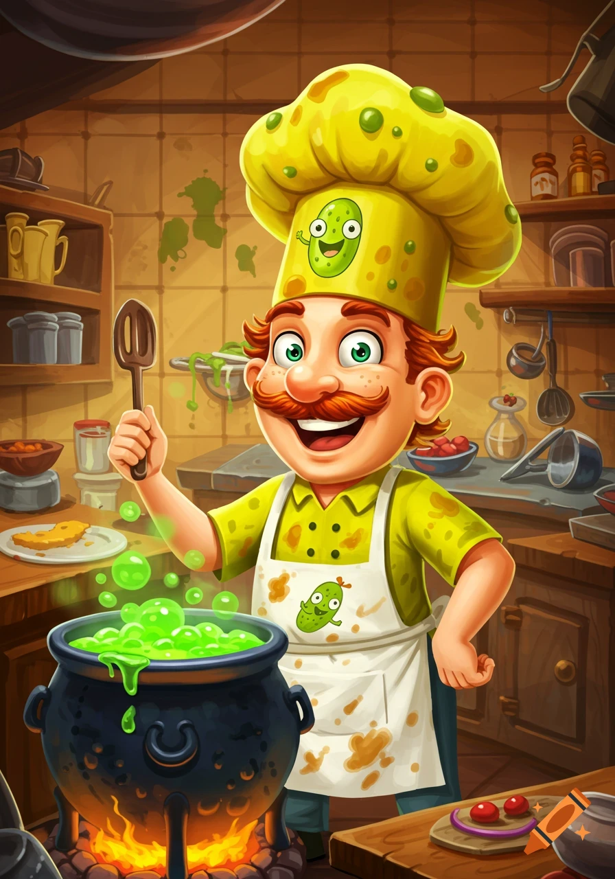 A cartoon chef with a pickle-themed hat and apron smiles while cooking green bubbles in a large pot over a fire in a kitchen.