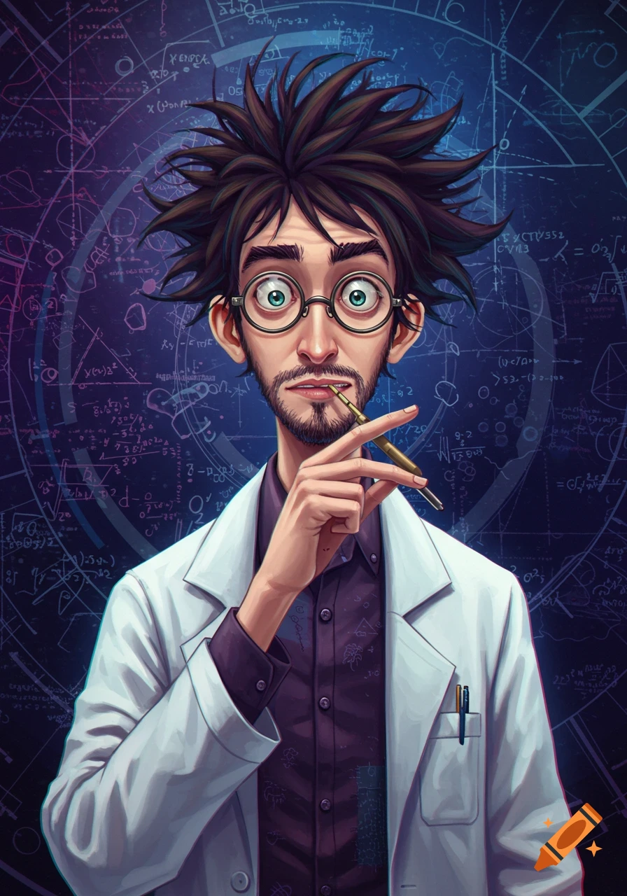 Anime-style portrait of a disheveled male scientist with glasses and beard, holding a pen, against a background of mathematical formulas.