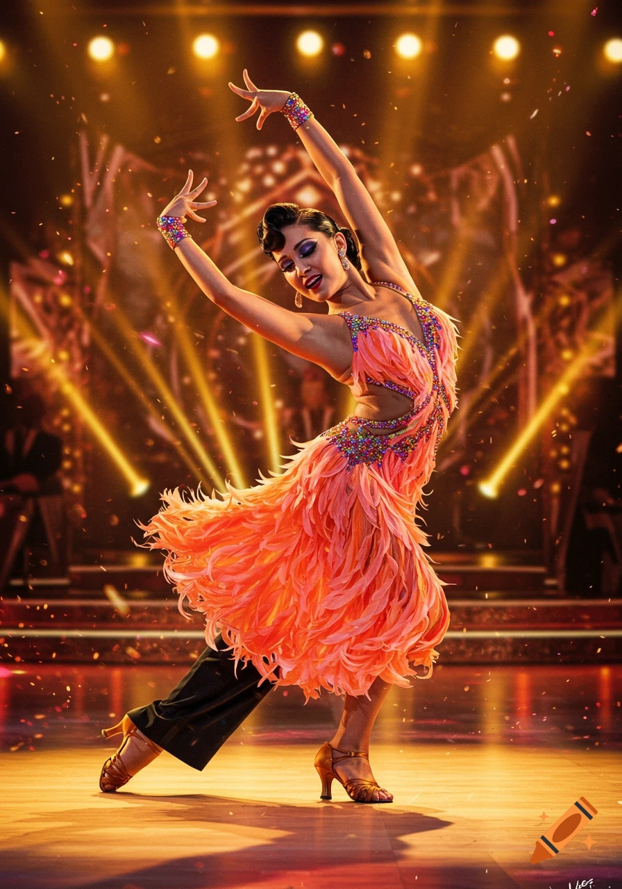 A dancer in a vibrant feathered costume poses on a stage under bright spotlights and falling confetti.