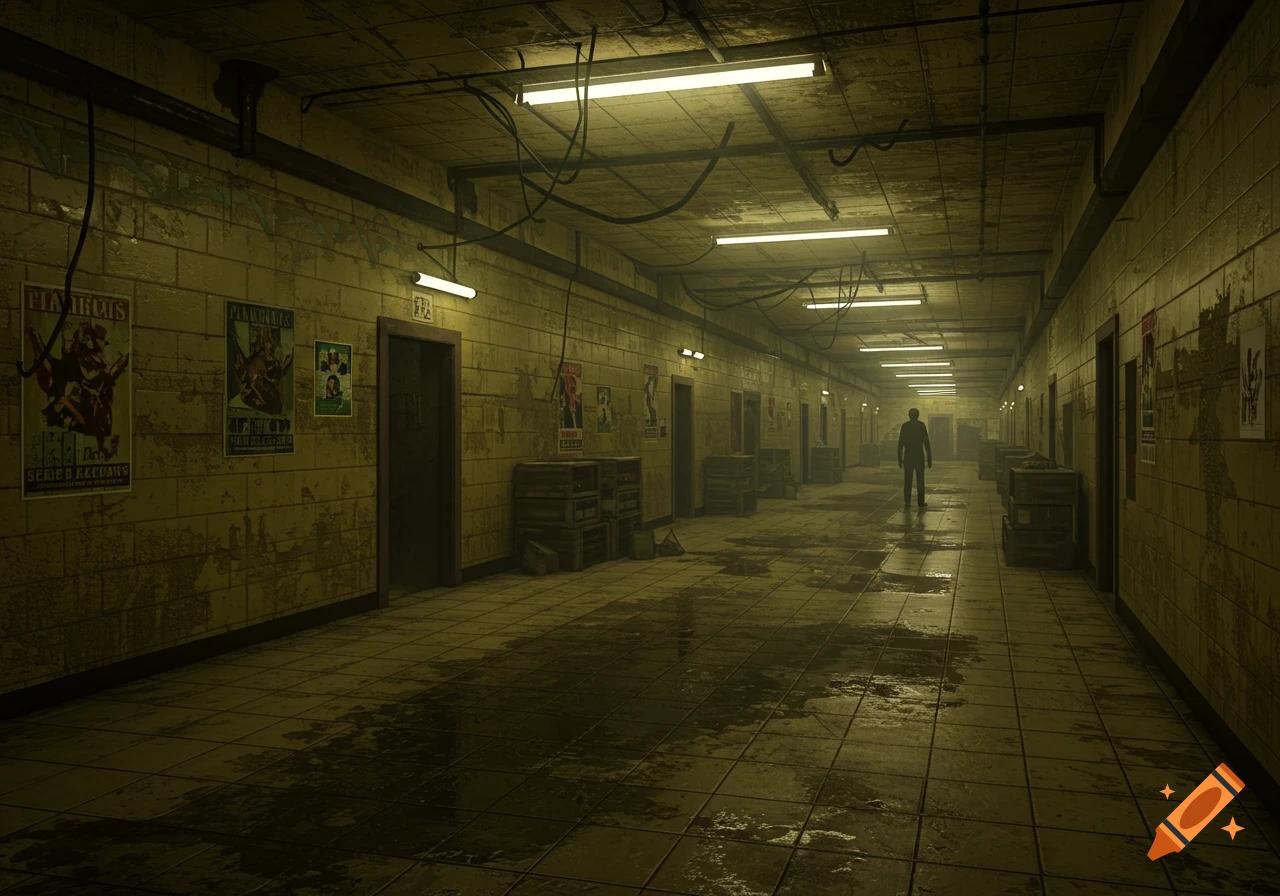 A person walks down a long, dark, dirty hallway lined with posters and lit by fluorescent lights.