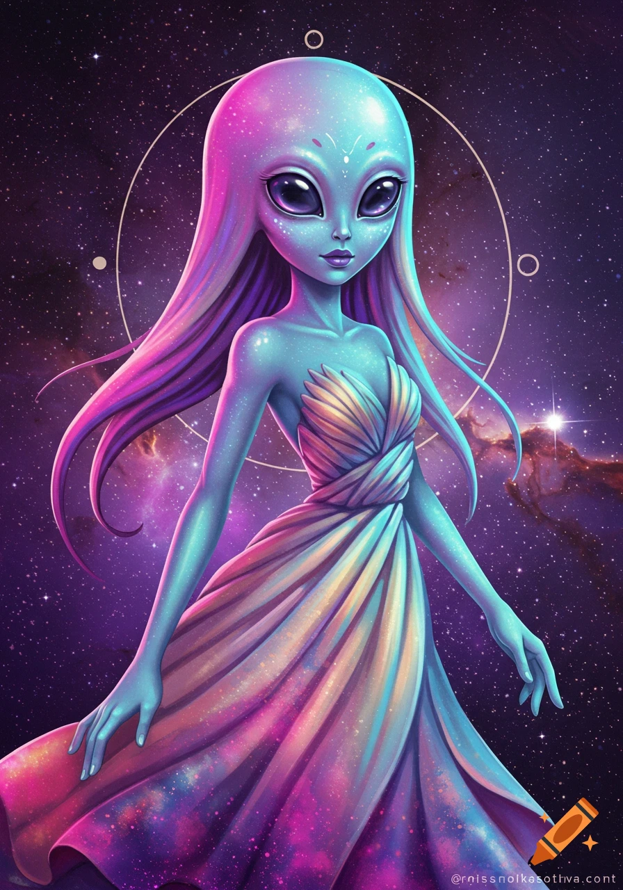 Stylized illustration of an alien girl in a colorful dress against a starry space background.