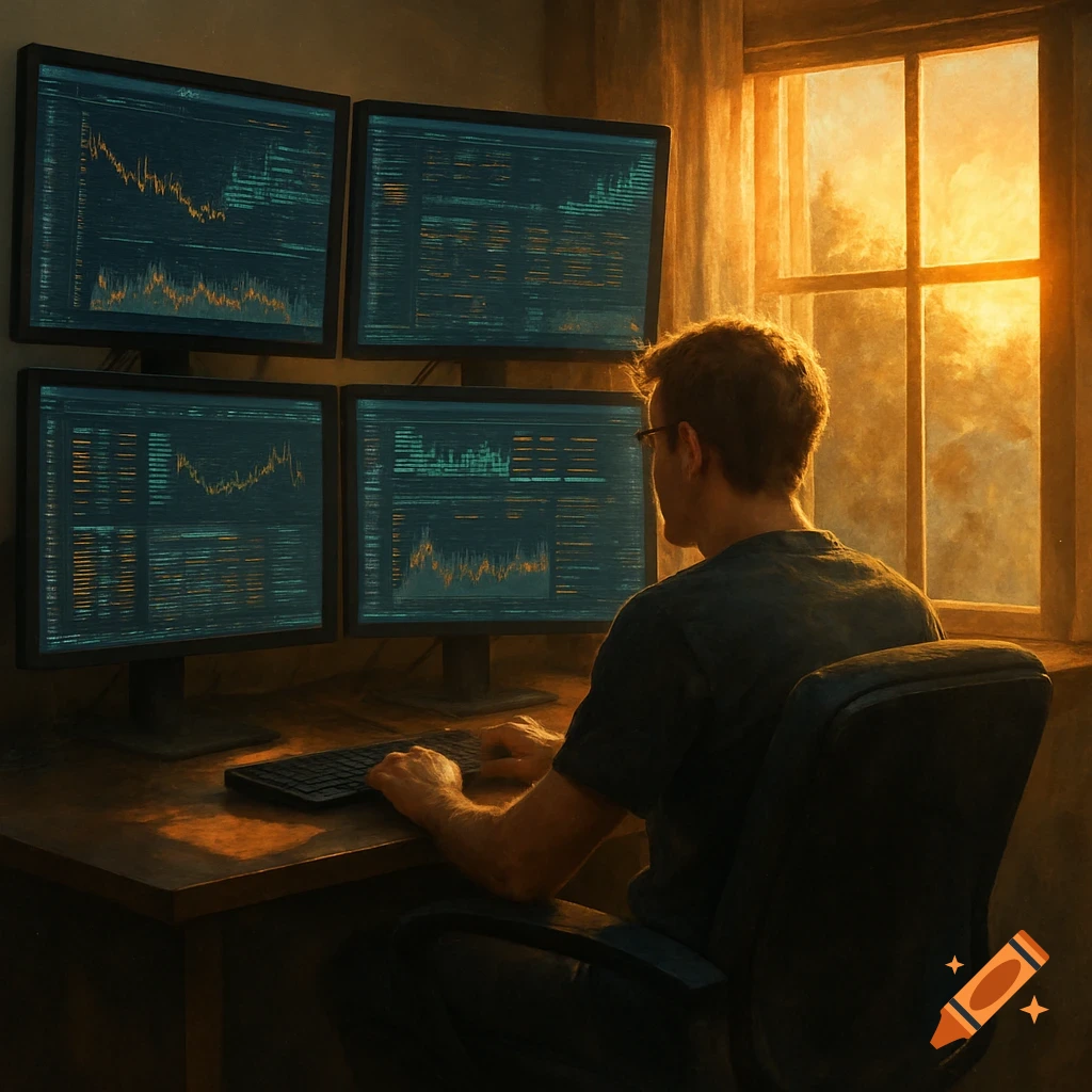 A person works at a desk with four computer monitors displaying data, lit by sunlight from a window.