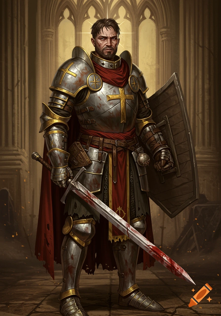 A battle-worn knight in full plate armor stands with a bloodied sword and shield in a church.