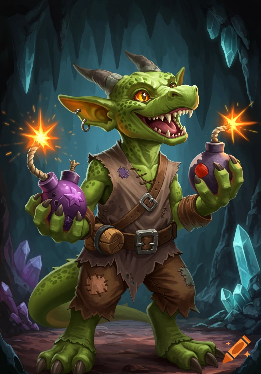 A fantasy creature resembling a green kobold stands in a cave holding two lit bombs.