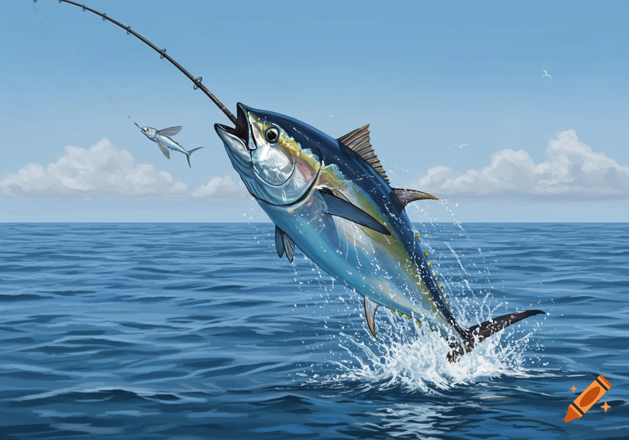 Illustration of a large bluefin tuna jumping out of the ocean hooked on a fishing line, with a flying fish attached as bait.
