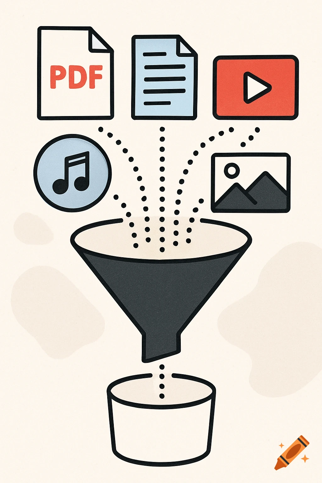 Illustration of different digital file type icons flowing into a funnel