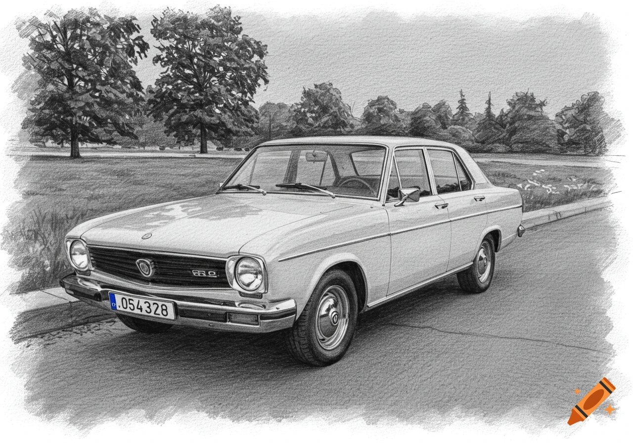Pencil sketch of a vintage sedan car parked on a road with trees