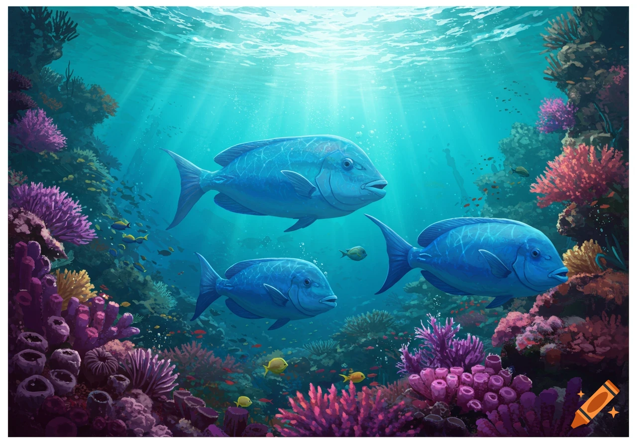 Three large blue fish swim among coral and sunlight in an underwater scene.