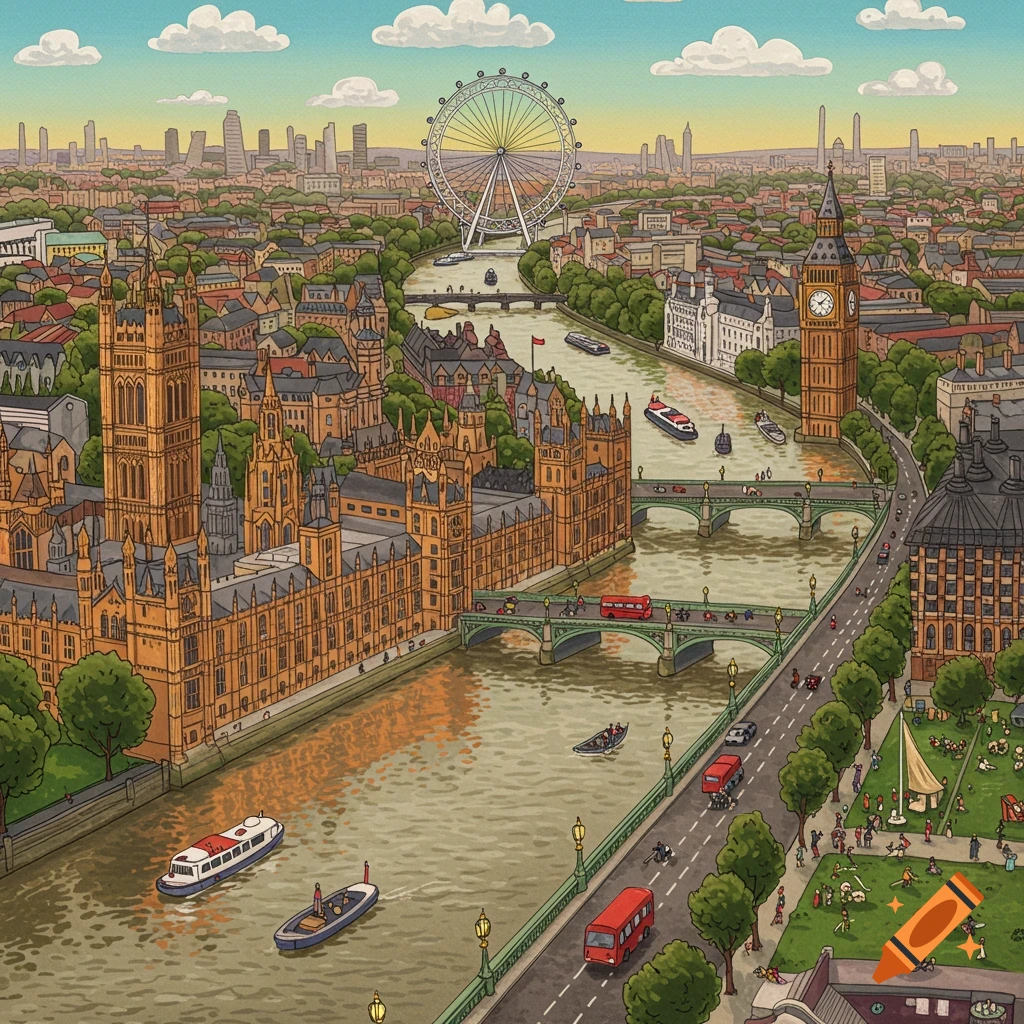 Illustrated aerial view of London showing the Houses of Parliament, Big Ben, London Eye, and River Thames.