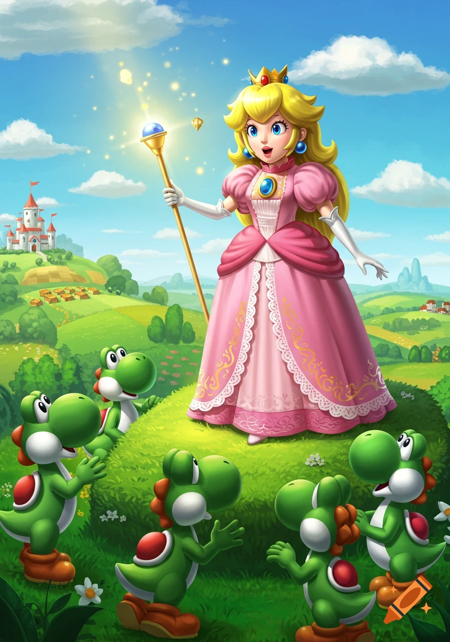 Princess Peach with a glowing staff stands above several Yoshis in a bright, colorful landscape with a castle.