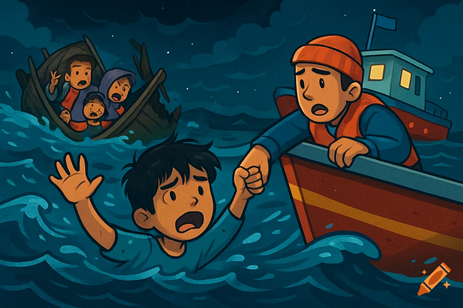Cartoon illustration of a boy being rescued from the sea by a person in a boat. A sinking boat with other people is in the background.