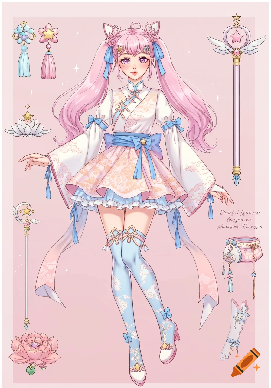 Anime girl in pink and blue fantasy outfit with Chinese elements