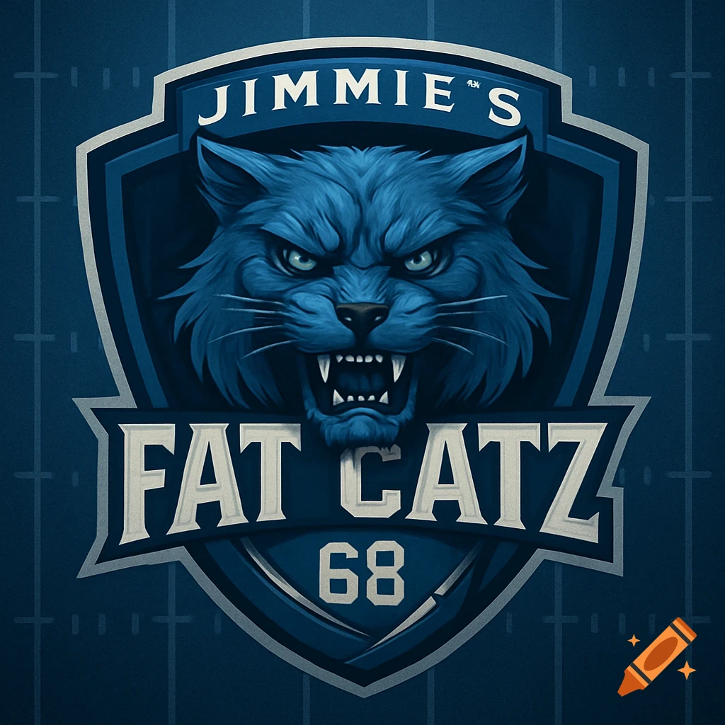 Blue and silver sports logo featuring a fierce blue cat head, with the words JIMMIE'S FAT CATZ and number 68 on a gridiron background.