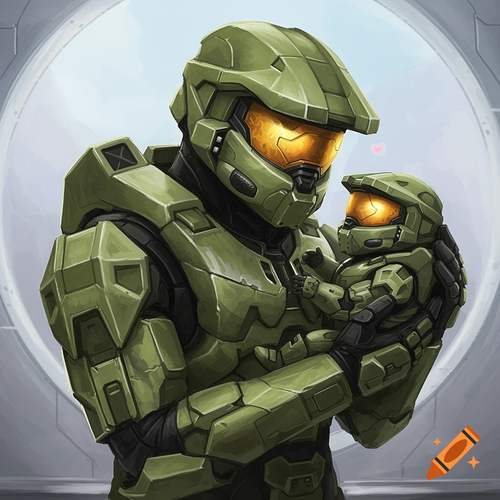 Stylized illustration of Master Chief holding a baby Master Chief in armor.