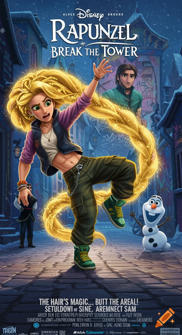 Movie poster for 'Rapunzel: Break the Tower' showing Rapunzel breakdancing in urban street clothes, with Flynn Rider and Olaf in the background. Digital art style.