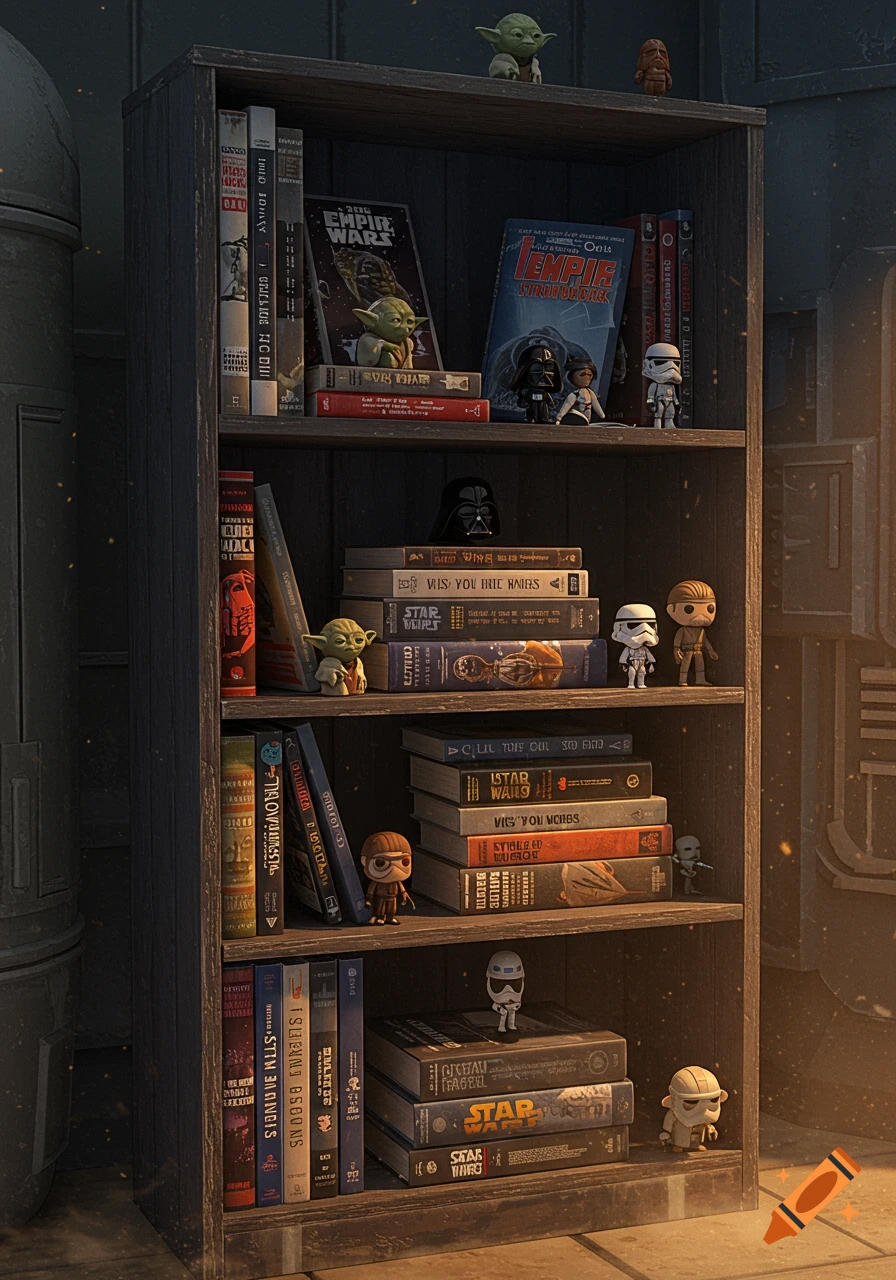 Wooden bookshelf filled with Star Wars books and collectible figurines.