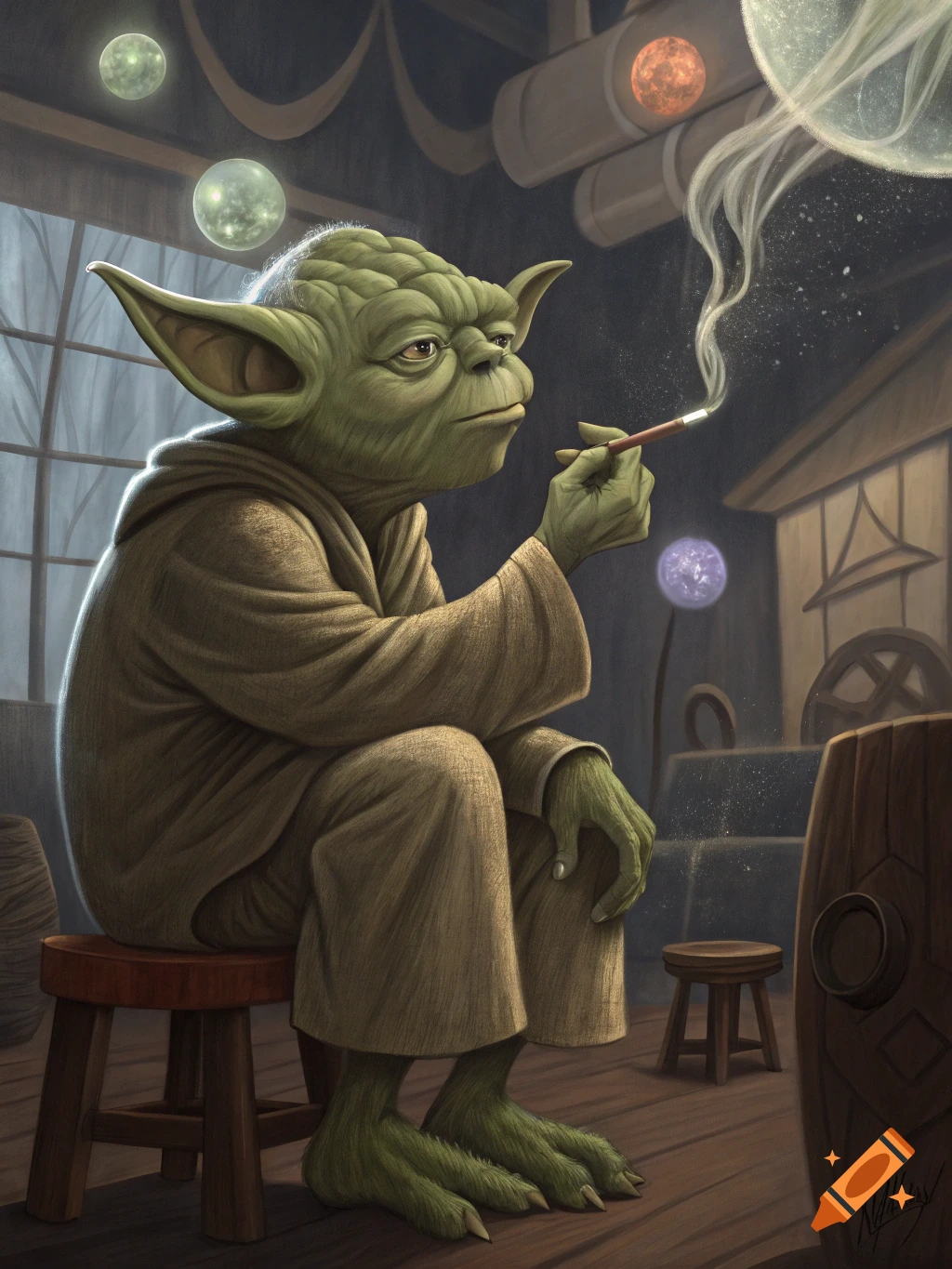 Yoda sits on a stool in a room, smoking a cigarette-like object. Floating orbs are in the air.