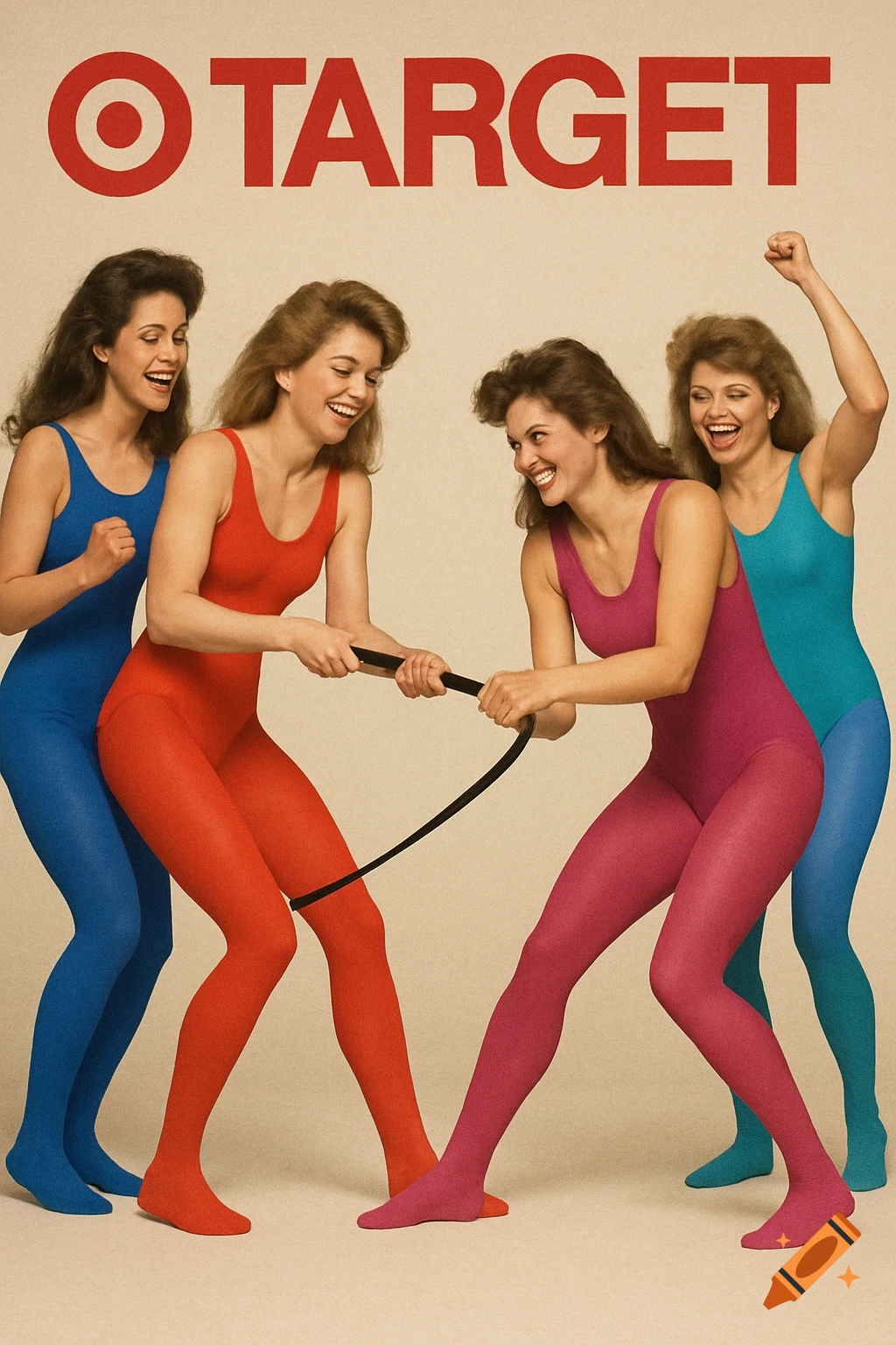 Four women in colorful leotards and tights play tug-of-war under a vintage 'TARGET' logo.