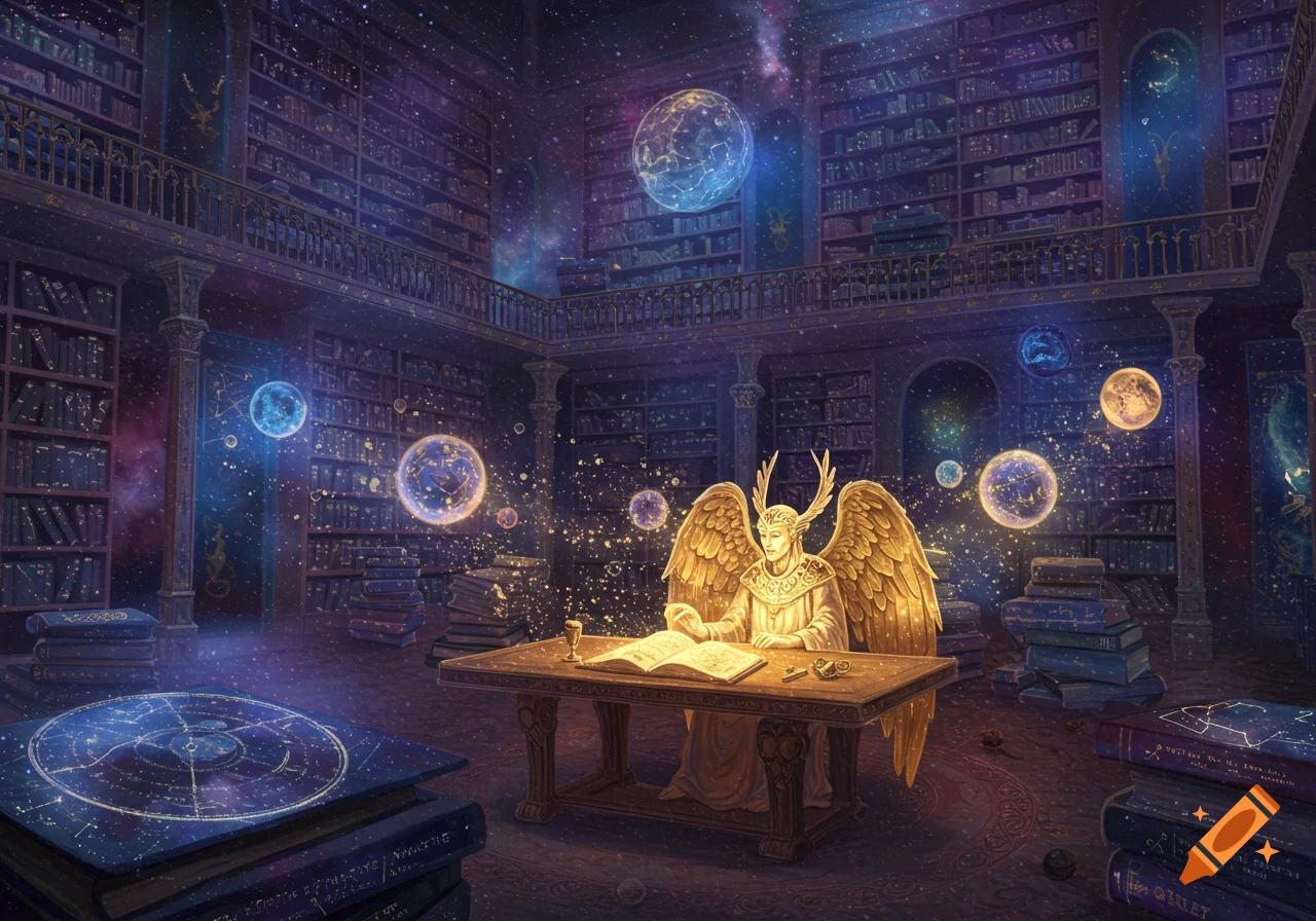 An angelic figure with wings and antlers reads at a desk in a vast cosmic library filled with books and floating planets.