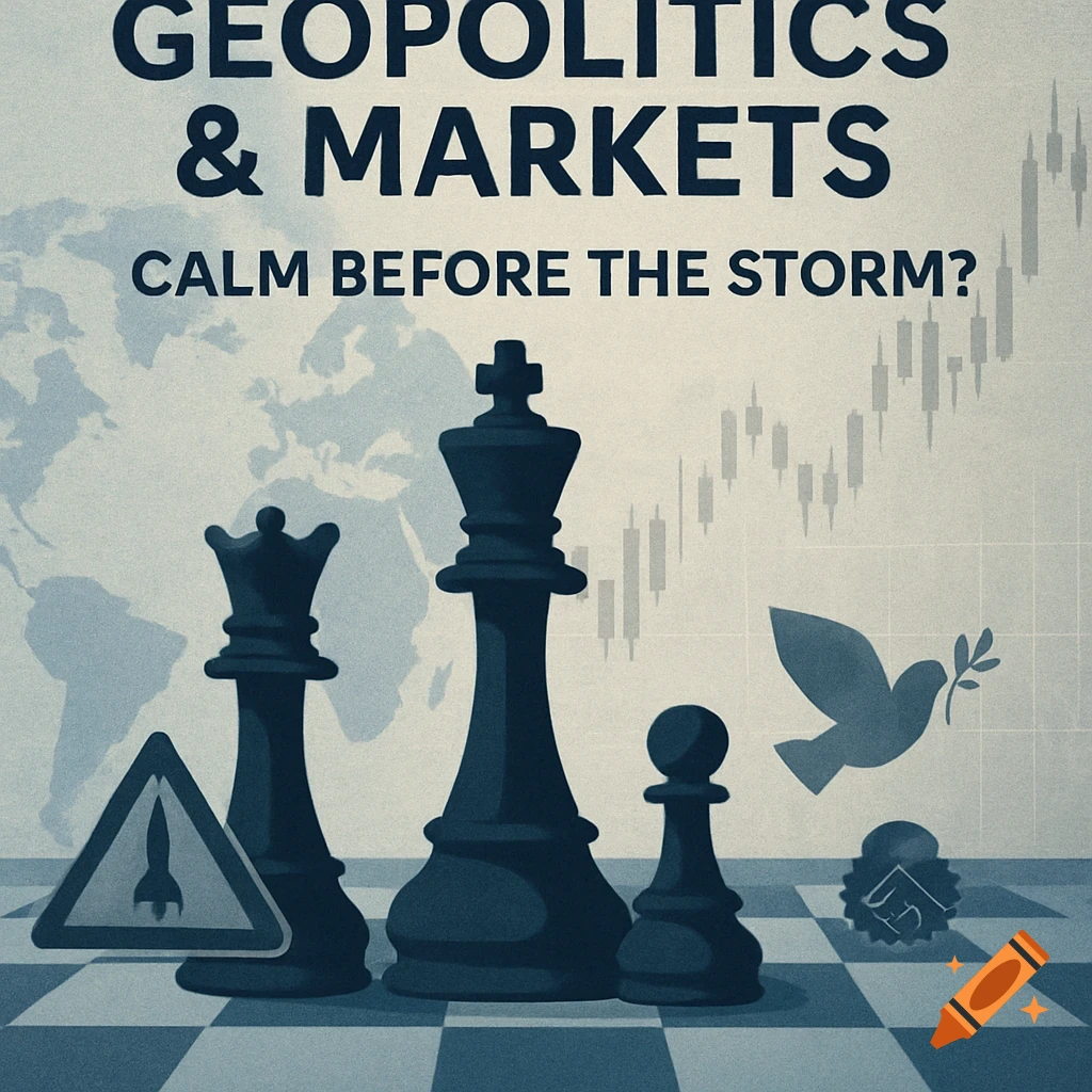 Chess pieces on a board with a world map and stock graph background, with icons for conflict and peace, text reads 'GEOPOLITICS & MARKETS CALM BEFORE THE STORM?'