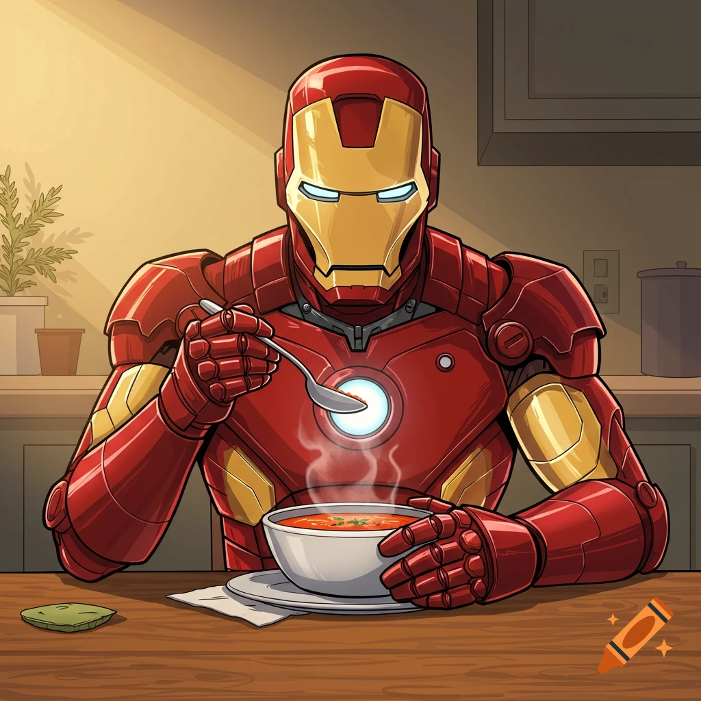 Iron Man in his suit sits at a table eating a bowl of soup with a spoon, illustration style.