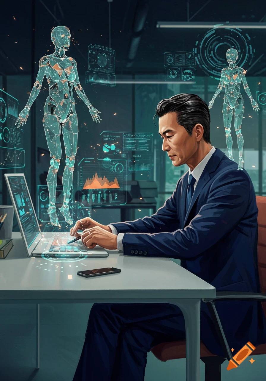 A businessman works on a laptop with holographic AI figures and data visualizations surrounding him.