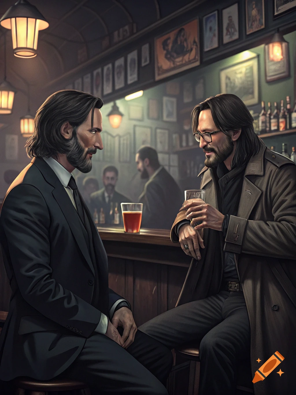 Two men resembling John Wick and Neo sit at a bar, one holding a glass, in a realistic style
