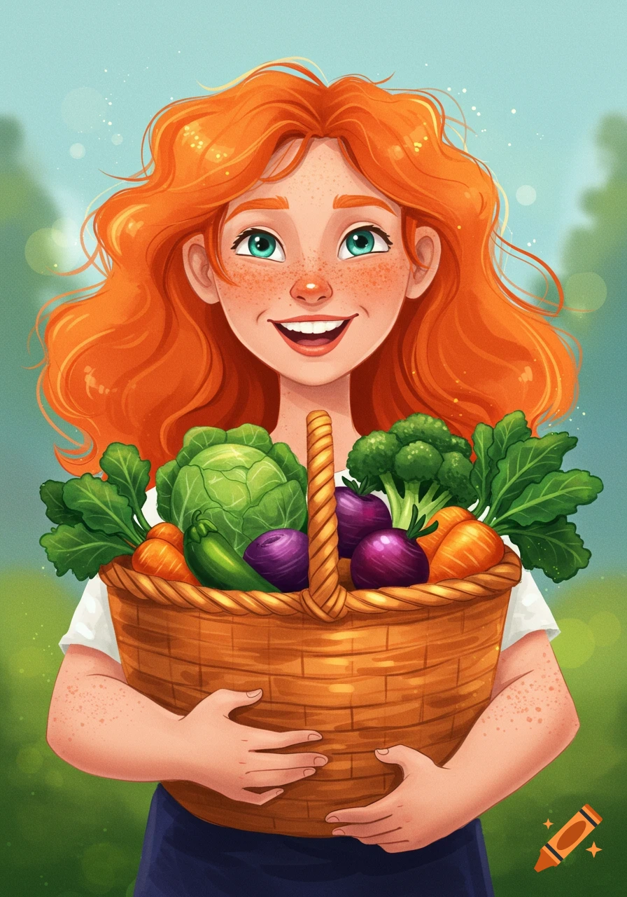 Cartoon illustration of a smiling ginger girl with freckles holding a basket of vegetables.