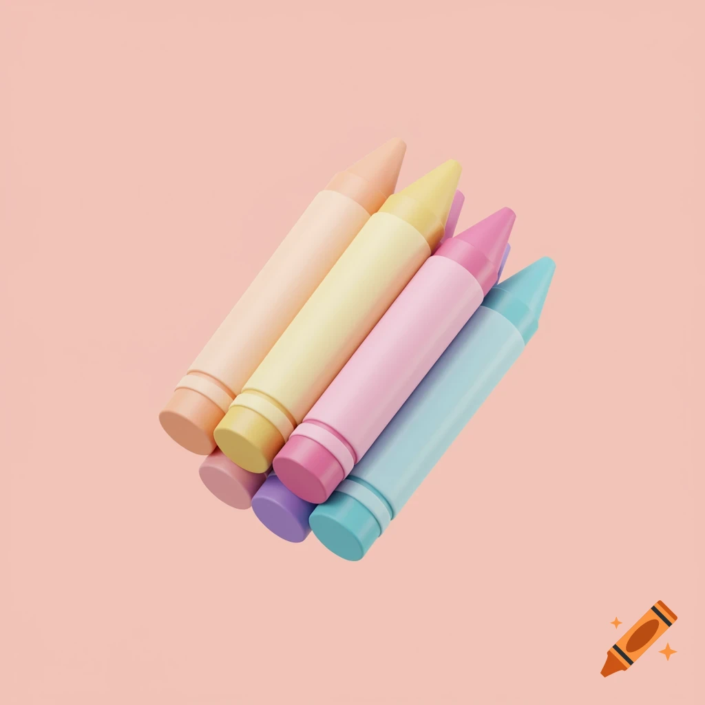 Pastel colored crayons arranged diagonally on a light background, 3D render style.