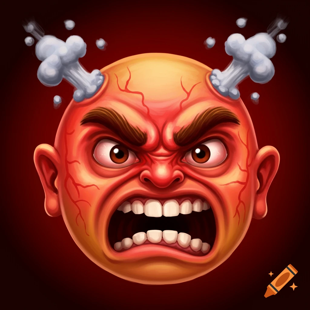 Cartoon head of a red-faced man yelling in rage with steam coming out of his temples.