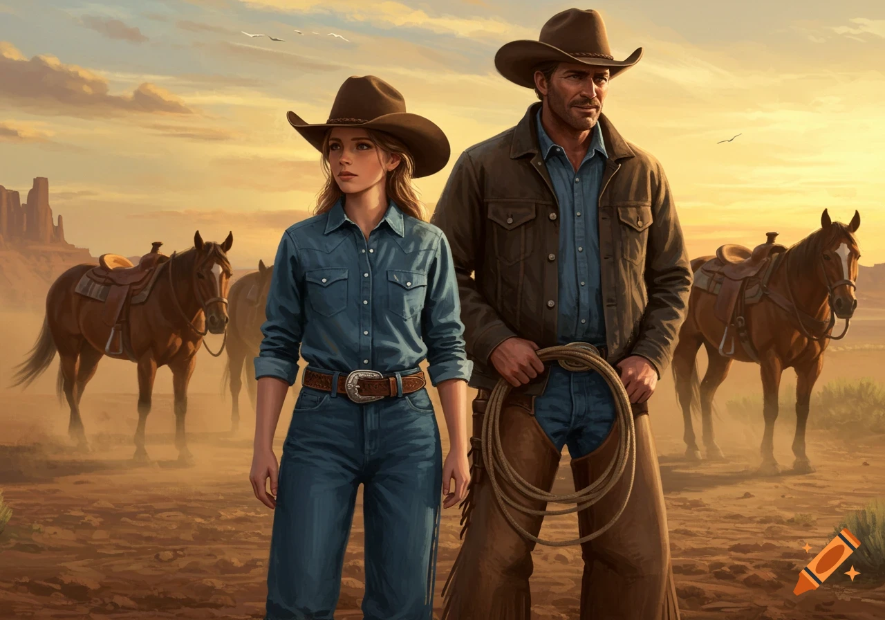 A cowboy and cowgirl stand with horses in a desert landscape at sunset.