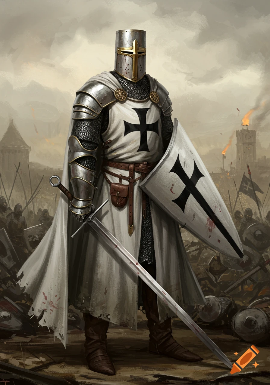 Digital painting of a knight in armor with a cross, holding a bloodied sword and shield on a battlefield.