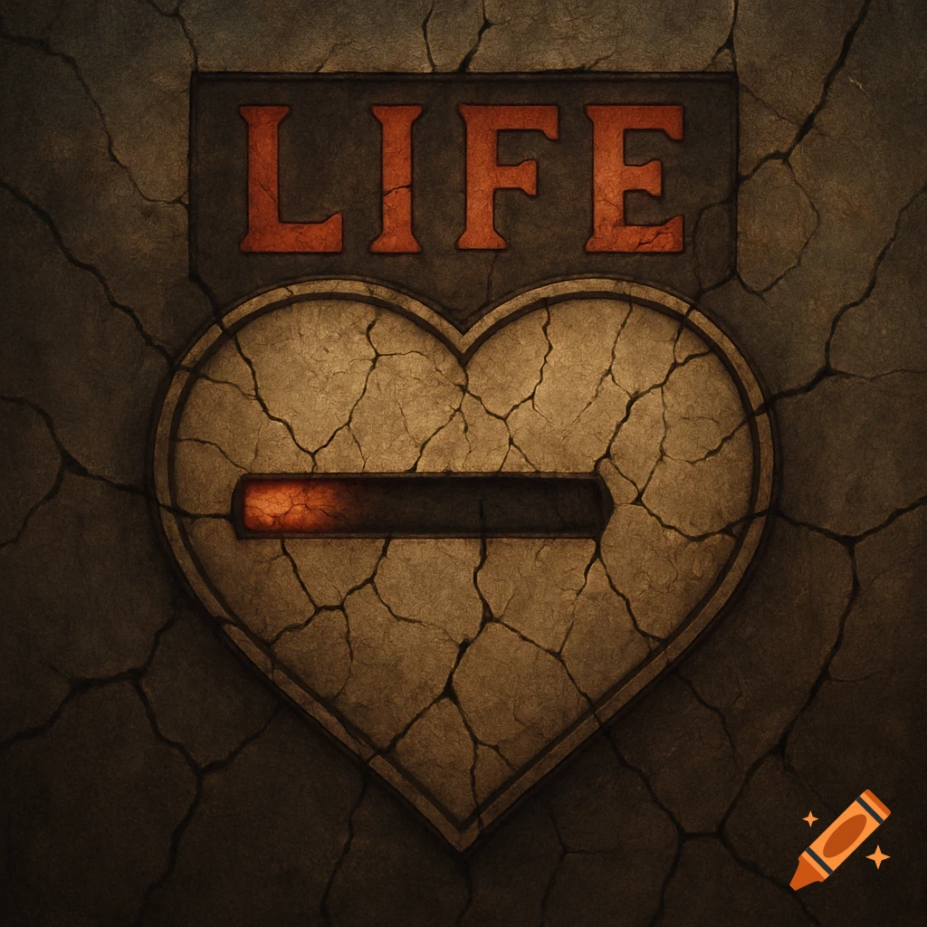 Cracked heart symbol with the word 'LIFE' above it, and a depleting bar inside, all on a cracked textured background.