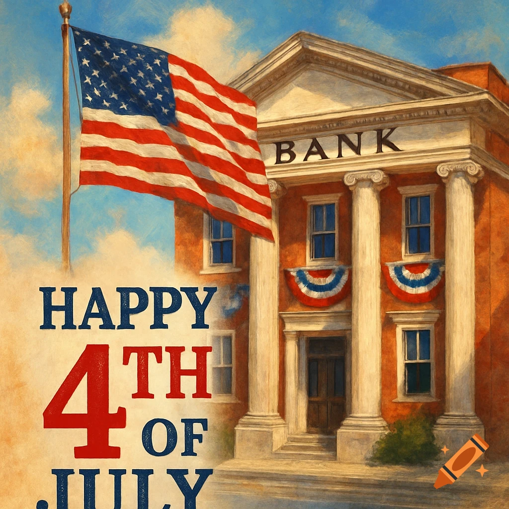 Painterly image of a bank building with an American flag and 'Happy 4th of July' text.
